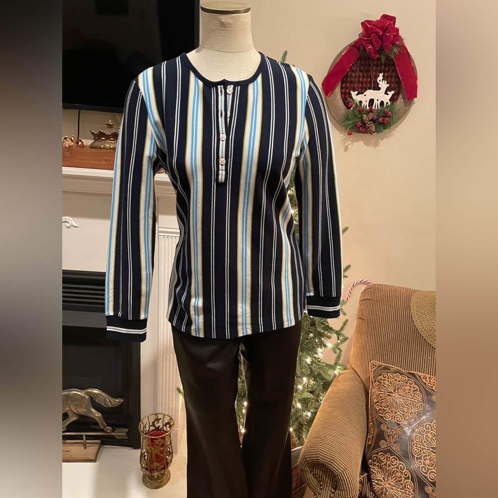 Brooks Brothers Cotton Navy and White Striped Long Sleeve Tee